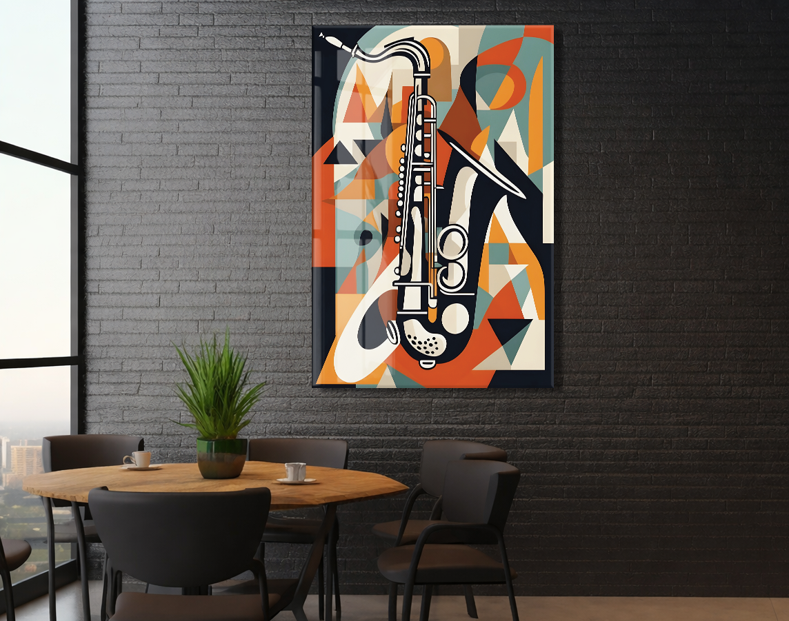 Soyut Saksafon Cam Tablo – Modern Jazz Temalı, UV Baskılı Temperli Cam Duvar Dekoru - Peony041