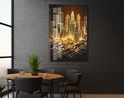 Modern Altın Şehir Silüeti Cam Baskı Tablo | 4mm Temperli Cam, Yüksek Çözünürlüklü UV Baskı, Parlak Yüzey, Ofis ve Salon Duvar Dekoru - Peony046