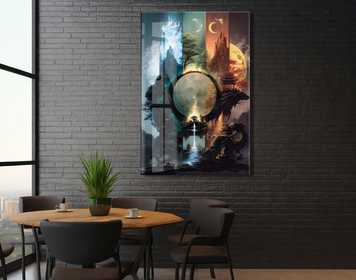 Modern Fantastik Doğa Kapısı Cam Tablo – Çok Katmanlı Sanatsal UV Baskılı Temperli Cam Duvar Tablosu  - Peony002