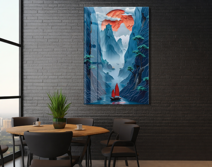 Modern Asya Esintili Doğa Cam Tablo – Dağ ve Nehir Temalı Sanatsal UV Baskılı Temperli Cam Duvar Tablosu - Peony007