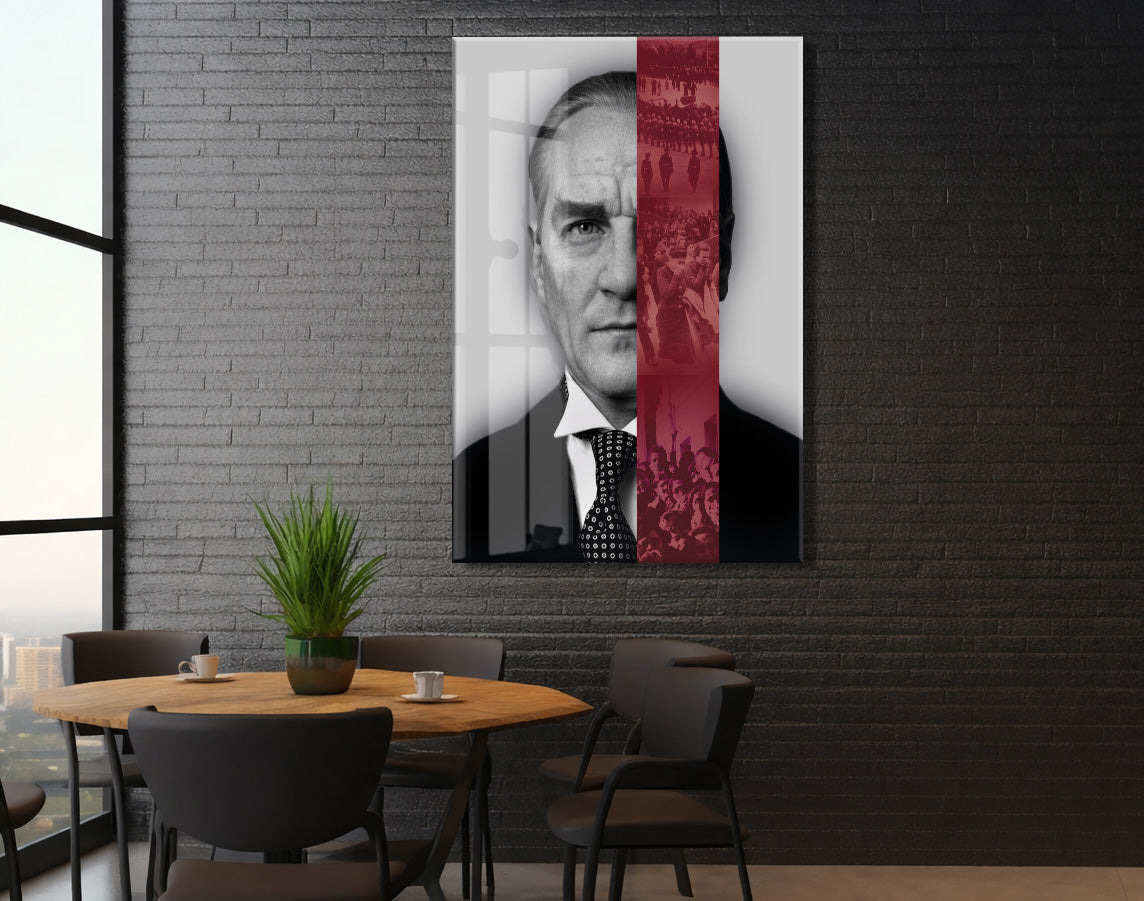 Atatürk Cam Tablo – Lider ve Millet Temalı, Kırmızı Şerit Detaylı 4 mm Temperli Cam Duvar Dekoru -PeonyAta1019