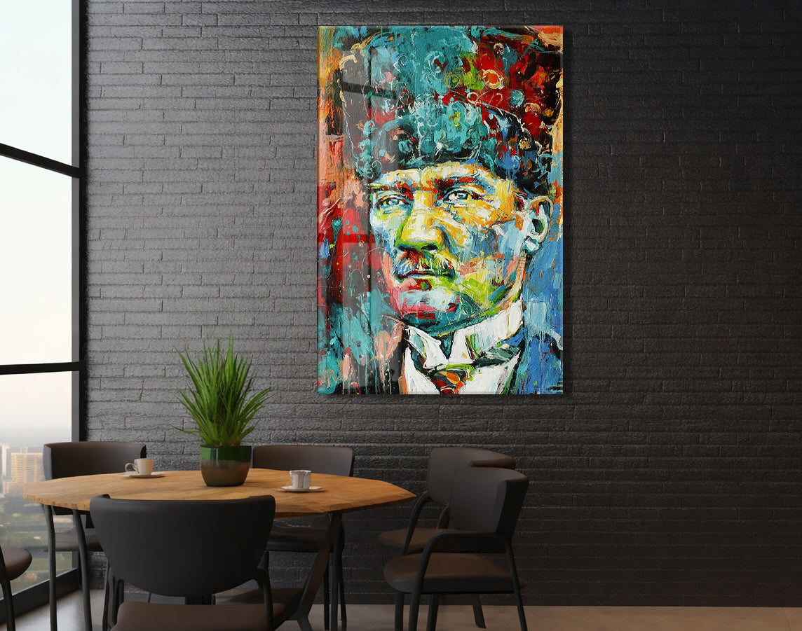 Modern Mustafa Kemal Atatürk Portresi Cam Tablo | Sanatsal UV Baskılı Temperli Cam -PeonyAta1331