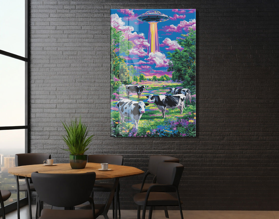 UFO ve Renkli Tarlada İnekler – Fantastik Manzara Duvar Tablosu - Peony128
