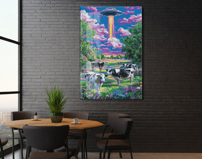 UFO ve Renkli Tarlada İnekler – Fantastik Manzara Duvar Tablosu - Peony128