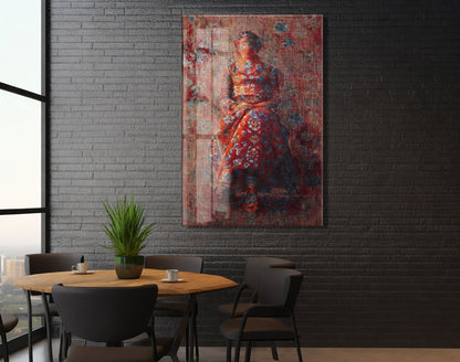 Oryantal Desenli Kırmızı Elbiseli Kadın Figürlü Cam Tablo – Sanatsal ve Vintage Duvar Dekoru - Peony059