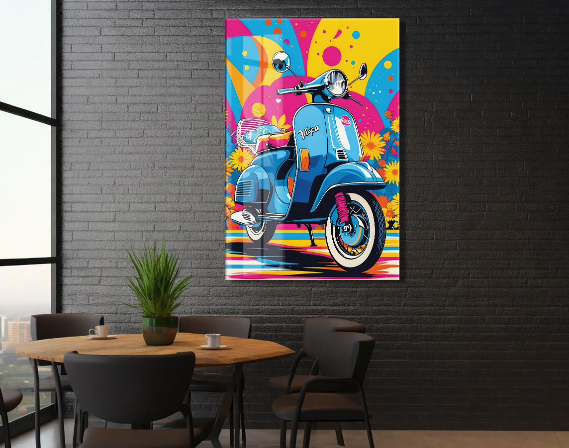Renkli Vespa Scooter Cam Tablo – Pop Art Stil, UV Baskılı Temperli Cam Duvar Dekoru - Peony040