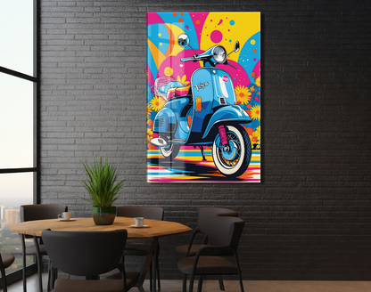 Renkli Vespa Scooter Cam Tablo – Pop Art Stil, UV Baskılı Temperli Cam Duvar Dekoru - Peony040