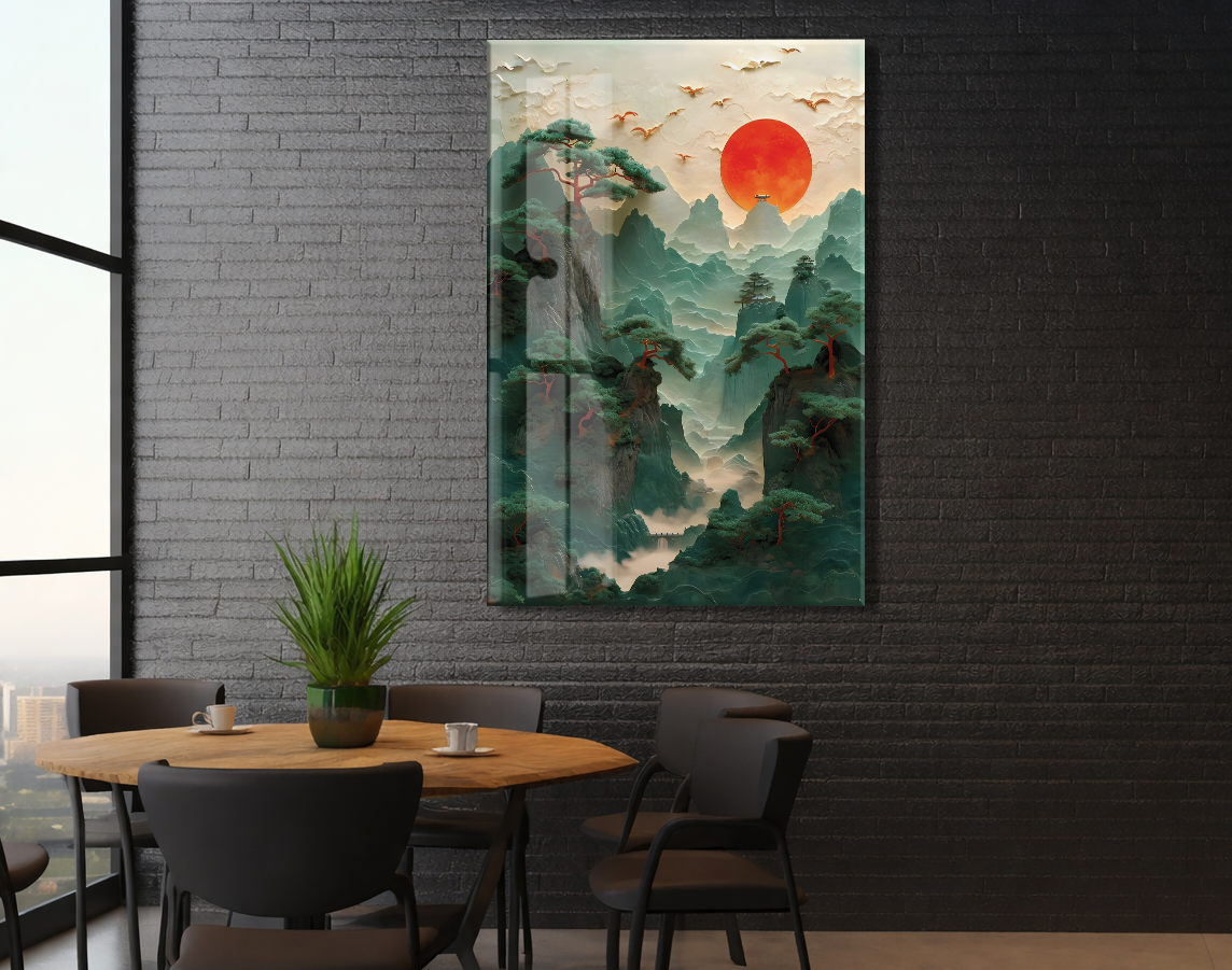 Modern Asya Manzarası Cam Tablo – Dağ ve Kızıl Güneş Temalı Sanatsal UV Baskılı Temperli Cam Duvar Tablosu - Peony008
