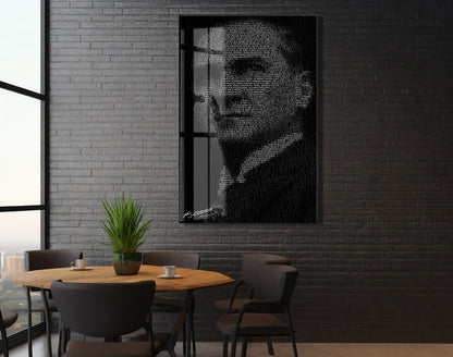 Atatürk Silüet Cam Baskı Tablo | Nutuk Metinli Siyah Beyaz Modern Duvar Dekoru, 4mm Temperli Cam, Yüksek Çözünürlüklü UV Baskı PeonyAta045
