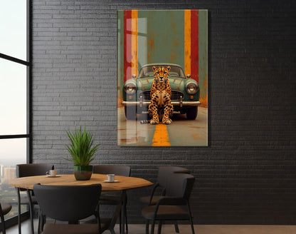 Klasik Otomobil ve Leopar Cam Tablo – Modern Urban Duvar Sanatı - Peony087