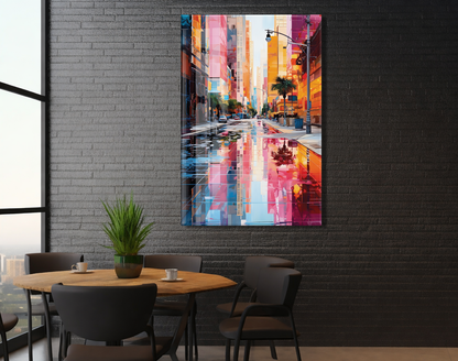 Renkli Modern Şehir Sokağı Cam Tablo – Yansımalı Sokak Manzarası ve Çağdaş Duvar Dekoru - Peony056