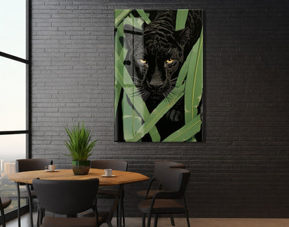 Tropikal Yapraklar Arasında Siyah Panter Cam Tablo – Gizem ve Güç Temalı Duvar Dekoru- Peony088