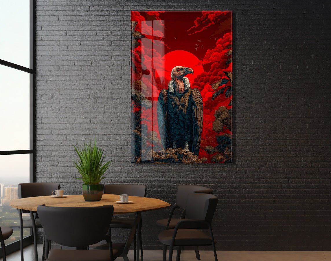 Kızıl Güneş Fonlu Akbaba Cam Tablo – Güç ve Hakimiyet Temalı Modern Duvar Dekoru - Peony079