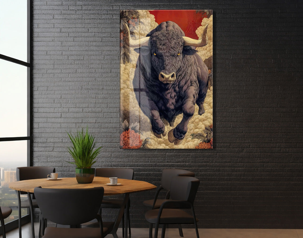 Lider Ruhlu Boğa Cam Tablo – Sanatsal Detaylı Güç ve Kararlılık Temalı Duvar Dekoru - Peony076