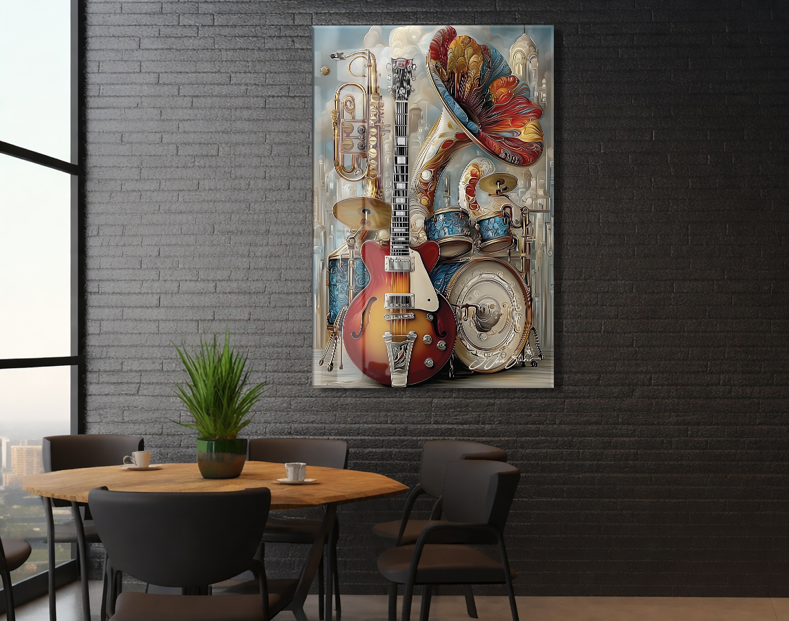 Modern Müzik Temalı Cam Tablo – Gitar, Trompet ve Davul Detaylı, Sanatsal UV Baskılı Temperli Cam Duvar Dekoru - Peony043