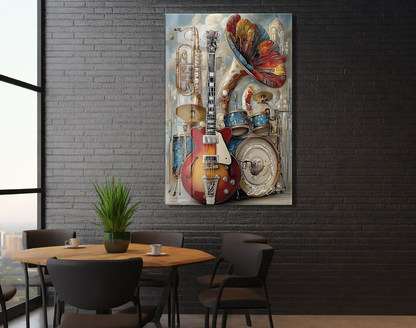 Modern Müzik Temalı Cam Tablo – Gitar, Trompet ve Davul Detaylı, Sanatsal UV Baskılı Temperli Cam Duvar Dekoru - Peony043