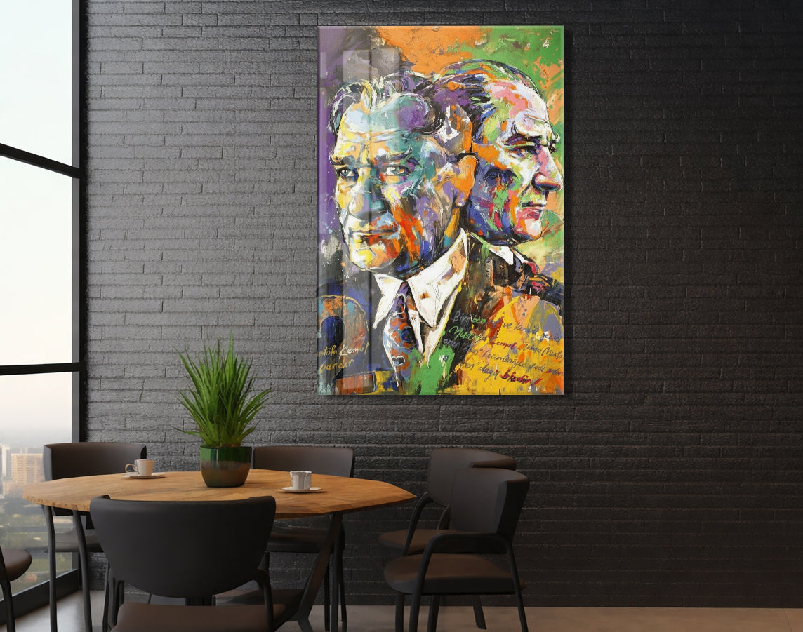 Sanatsal Çift Portre Mustafa Kemal Atatürk Cam Tablo | UV Baskılı Temperli Cam -PeonyAta1332