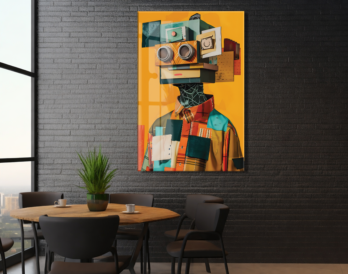 Modern Soyut Robot Figürlü Cam Tablo – Renkli Dijital Sanat Temalı UV Baskılı Temperli Cam Duvar Tablosu - Peony013