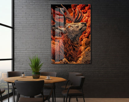 Asaletin Sembolü Geyik Cam Tablo – Ateş Tonlu Lüks Duvar Dekoru- Peony082
