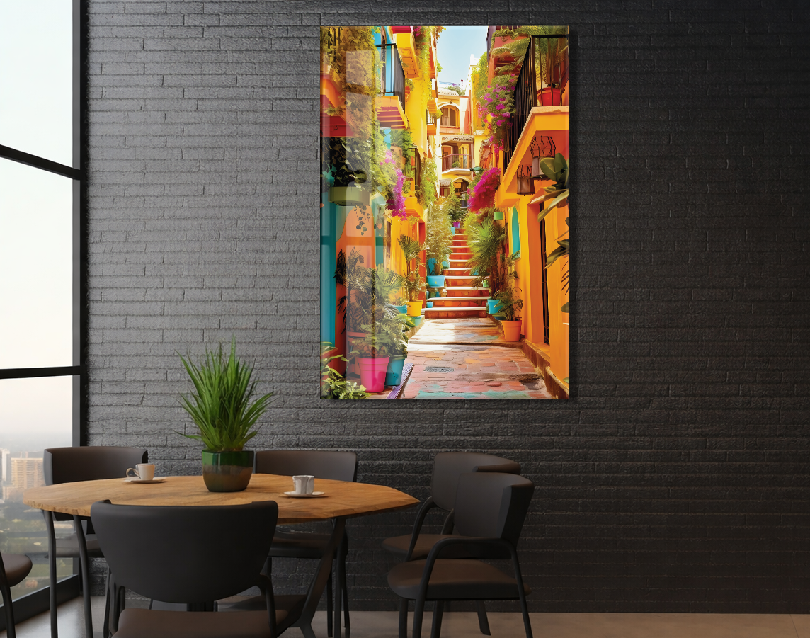 Renkli Akdeniz Sokağı Cam Tablo – Canlı Mimari ve Dar Sokak Temalı Dekoratif Duvar Tablosu - Peony054