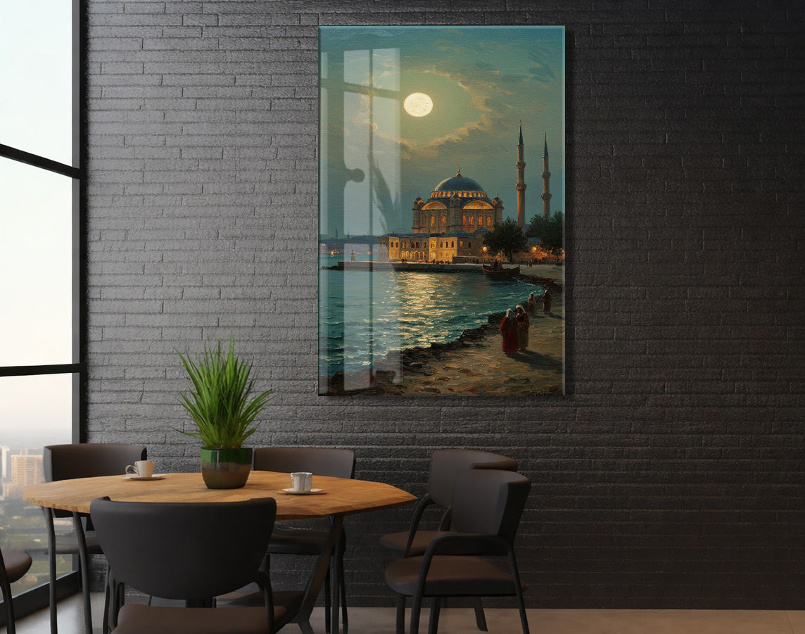 Dolunay Altında İstanbul Camii – Ay Işığında Osmanlı Mimarisi Cam Tablo - PeonyOsm007