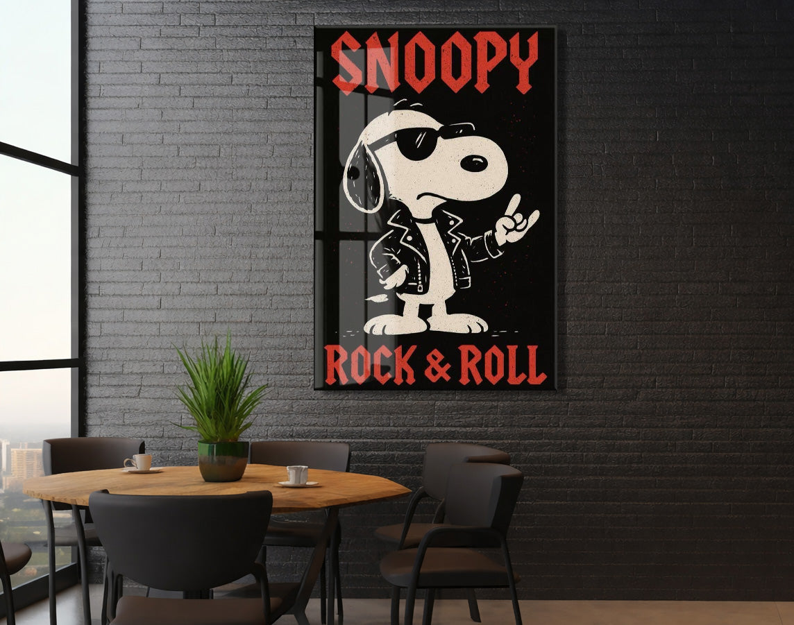 Snoopy Rock & Roll Tasarım Cam Tablo – Genç Odası Duvar Dekoru - Peony108