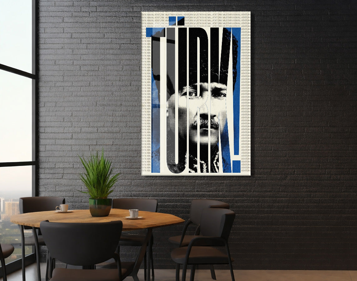 Mustafa Kemal Atatürk Türk! Başkomutan Cam Tablo – Modern Kolaj Tasarım Atatürk Duvar Dekoru -PeonyAta074