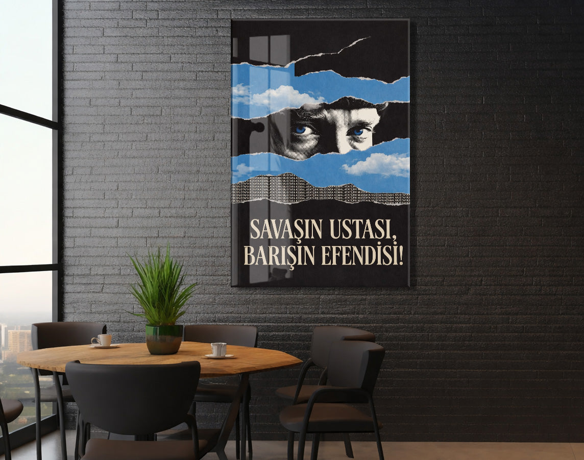 Mustafa Kemal Atatürk Savaşın Ustası Barışın Efendisi Cam Tablo – Modern Mavi Siyah Atatürk Duvar Dekoru -PeonyAta076