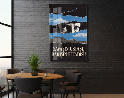 Mustafa Kemal Atatürk Savaşın Ustası Barışın Efendisi Cam Tablo – Modern Mavi Siyah Atatürk Duvar Dekoru -PeonyAta076