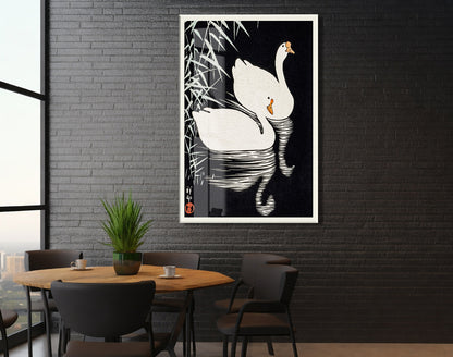 Japon Kuğuları Cam Tablo | Minimal Siyah Beyaz Ukiyo-e UV Baskılı Temperli Cam Tablo- Peony166