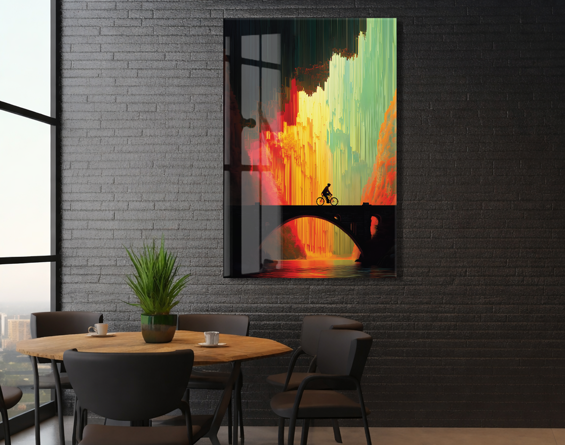 Modern Soyut Köprü ve Yolculuk Cam Tablo – Gün Batımı Renk Geçişli Sanatsal UV Baskılı Temperli Cam Duvar Tablosu - Peony017