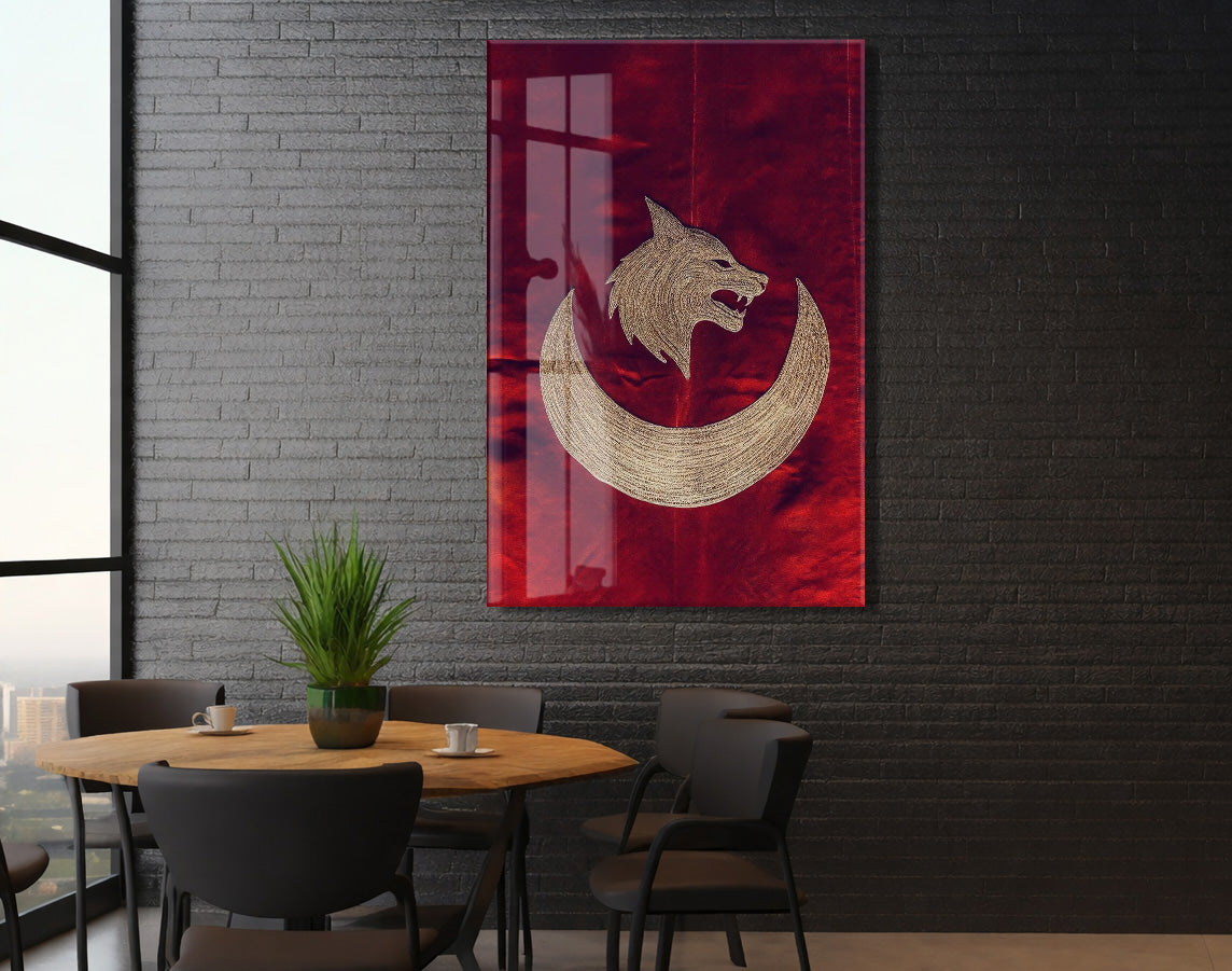 Bozkurt ve Hilal Cam Tablo – Türk Mitolojisi Temalı Güçlü Duvar Dekoru - PeonyTrk020