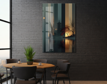 Modern Asya Tapınak Silüeti Cam Tablo – Gece ve Gün Batımı Temalı Sanatsal UV Baskılı Temperli Cam Duvar Tablosu - Peony016