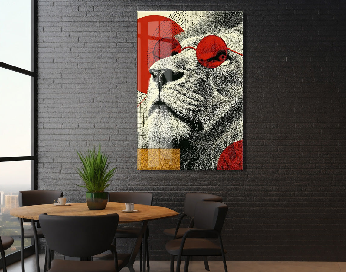 Lider Ruhlu Aslan Cam Tablo – Kırmızı Detaylı Modern Pop Art Duvar Dekoru - Peony080