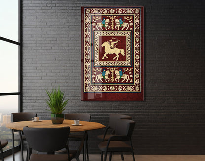 Orta Asya Türk Motifleri Cam Tablo – Atlı Okçu ve Geleneksel Türk Desenleri Duvar Dekoru - PeonyTrk009