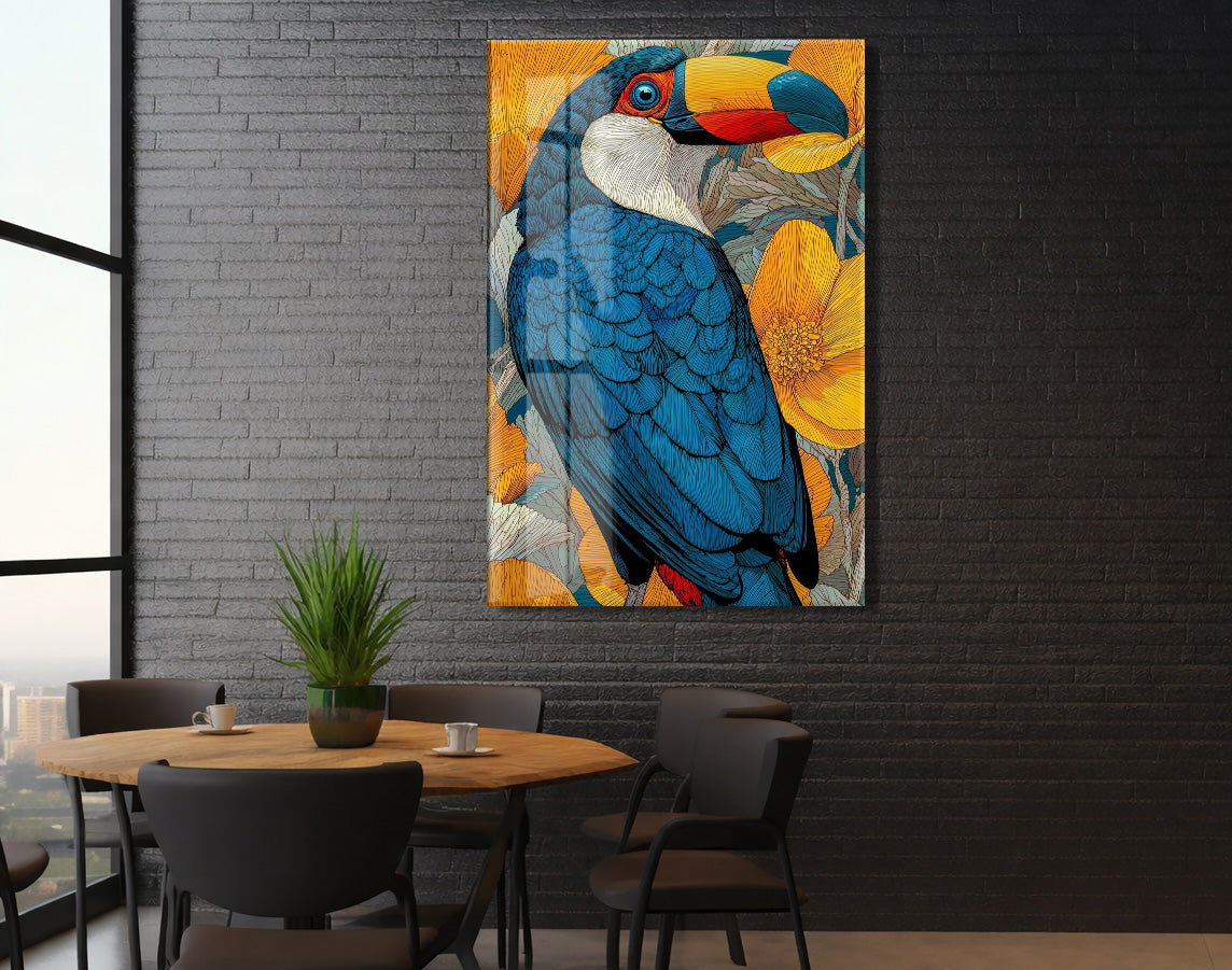 Renkli Tukan Kuşu Cam Duvar Tablosu – Tropikal Çiçekli Modern Tasarım- Peony117