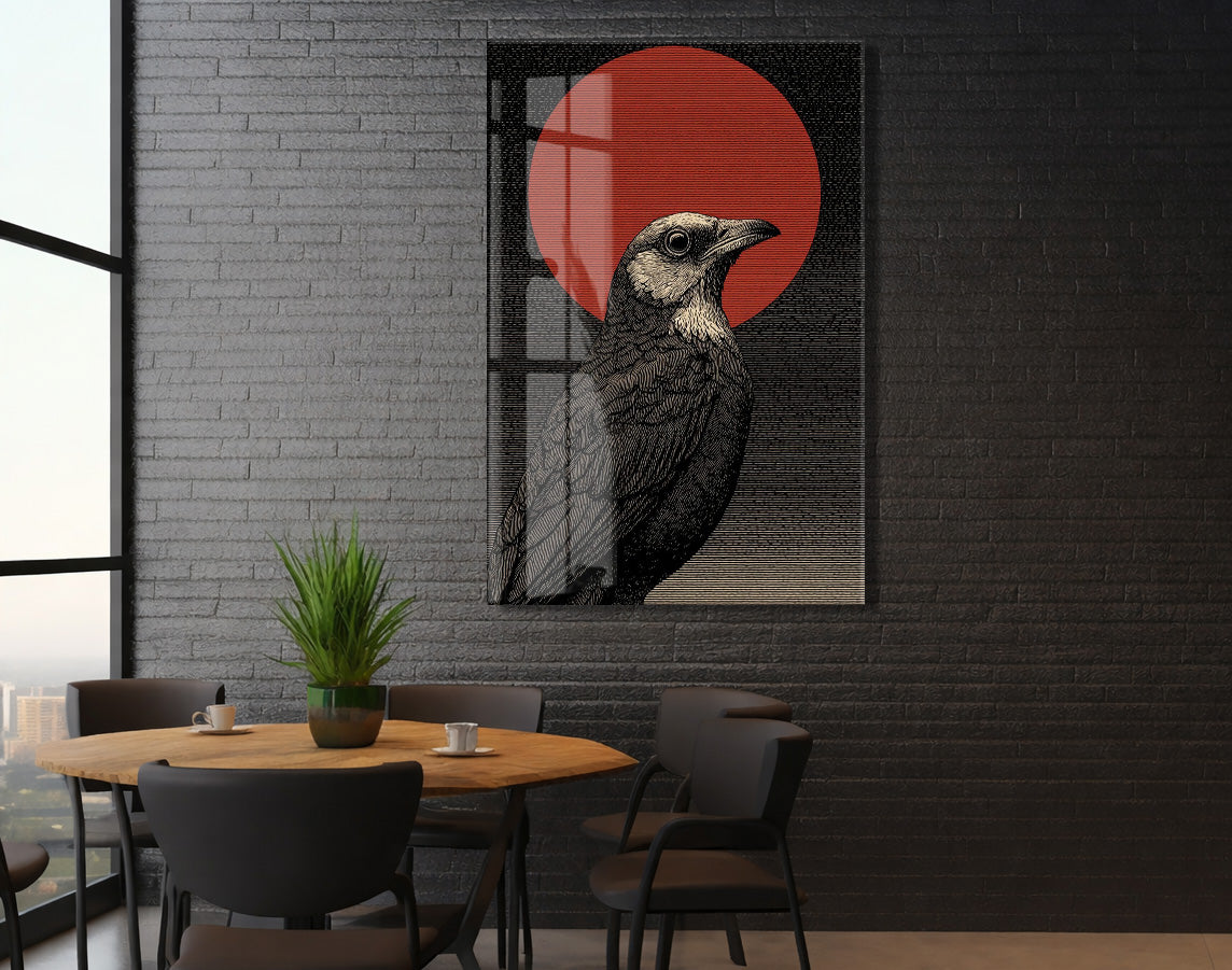 Japon Esintili Kuzgun Cam Tablo – Siyah Zeminli Kırmızı Güneş Temalı Duvar Sanatı - Peony084