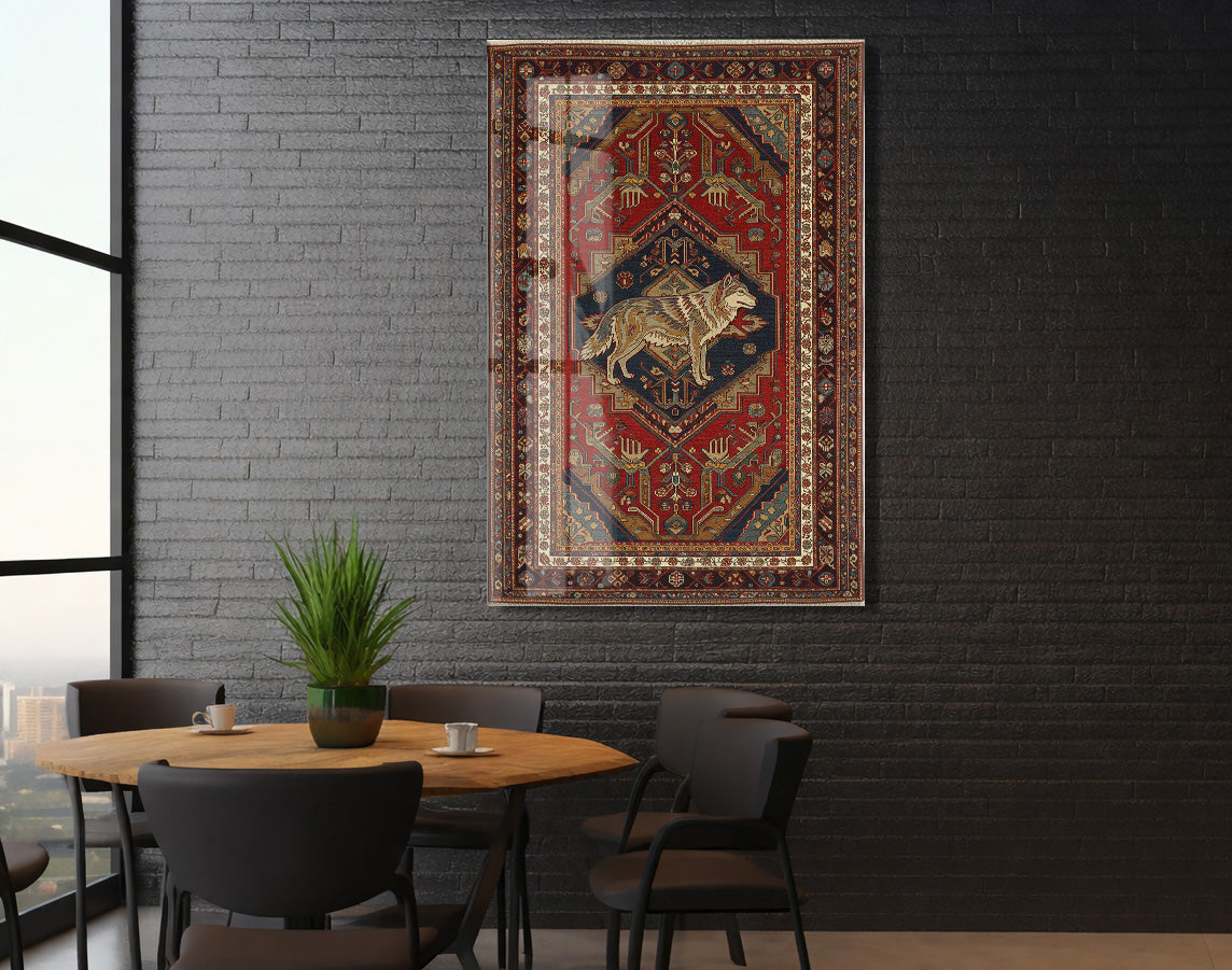 Bozkurt Motifli Türk Halı Deseni Cam Tablo – Geleneksel Orta Asya Duvar Dekoru - PeonyTrk018