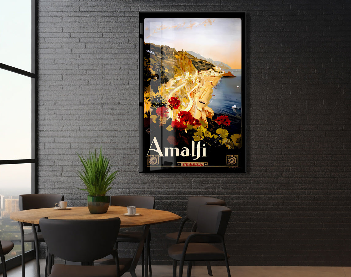 Amalfi Vintage Cam Tablo | İtalya Sahil Posteri UV Baskılı Temperli Cam Duvar Dekoru - Peony155