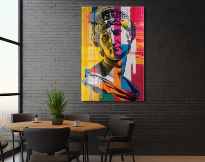 Modern Pop Art Heykel Portre Cam Tablo – Renkli Sanat Temalı UV Baskılı Temperli Cam Duvar Tablosu - Peony010