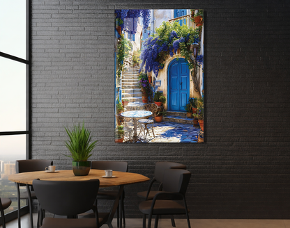 Mavi Kapılı Akdeniz Sokağı Cam Tablo – Çiçekli Taş Merdiven ve Ege Esintili Duvar Dekoru - Peony055