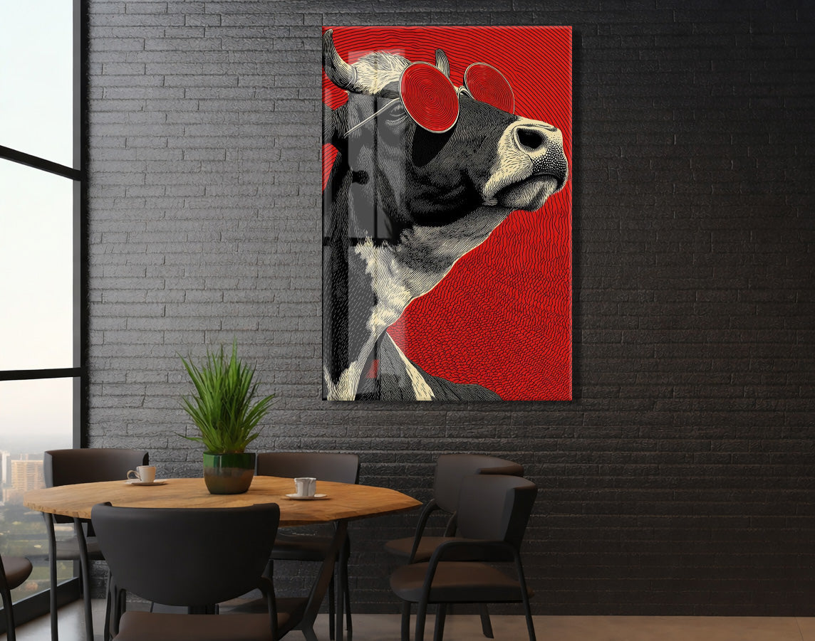 Pop Art Tarzı Boğa Cam Tablo – Kırmızı Arka Planlı Karizmatik Duvar Dekoru - Peony077