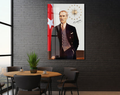 Mustafa Kemal Atatürk Türk Bayraklı Cam Tablo | 4 mm Temperli UV Baskılı Premium Duvar Dekoru -PeonyAta1303