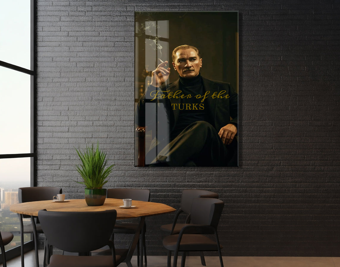 Father of the Turks Atatürk Cam Tablo | Gold Yazı Detaylı Modern Portre, Premium UV Baskı Temperli Cam Atatürk Duvar Dekoru PeonyAta051