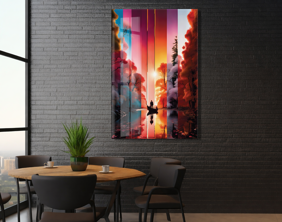 Modern Soyut Gün Batımı Yolculuk Cam Tablo – Renk Geçişli Doğa Temalı Sanatsal UV Baskılı Temperli Cam Duvar Tablosu - Peony020