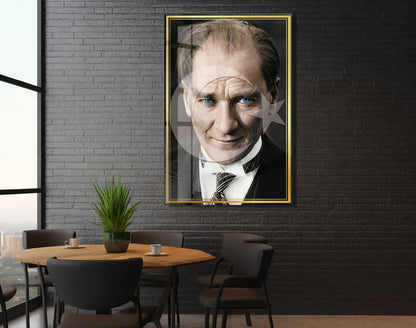 Mavi Gözlü Mustafa Kemal Atatürk Cam Tablo | 4 mm Temperli UV Baskılı Premium Duvar Dekoru -PeonyAta1305