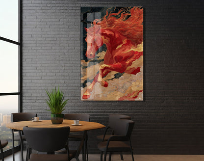 “Kızıl Rüzgâr” – Mitolojik At Figürlü Cam Tablo - Peony068