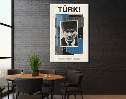 Mustafa Kemal Atatürk Türk! Başkomutan Cam Tablo – Modern Kolaj Tasarım Atatürk Duvar Dekoru -PeonyAta074