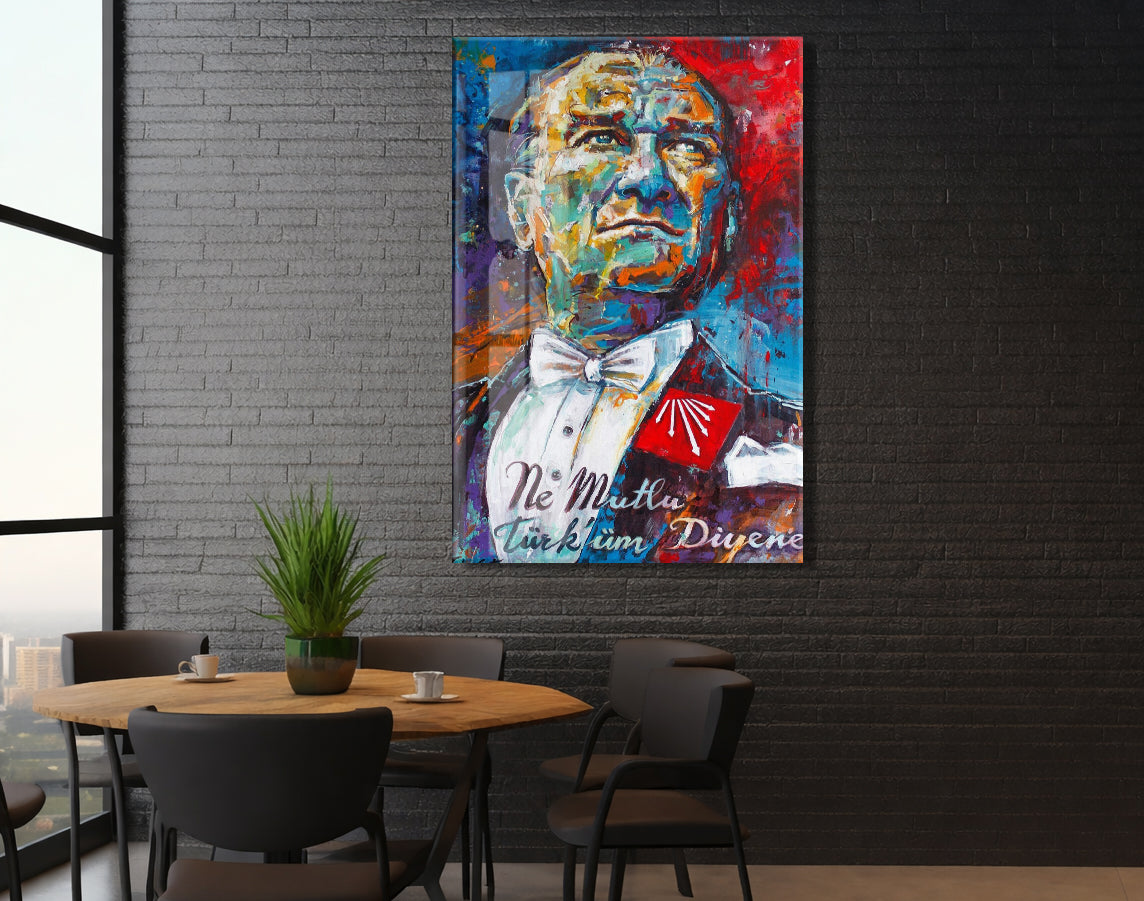 Ne Mutlu Türküm Diyene Mustafa Kemal Atatürk Cam Tablo | Sanatsal UV Baskılı Temperli Cam -PeonyAta1333