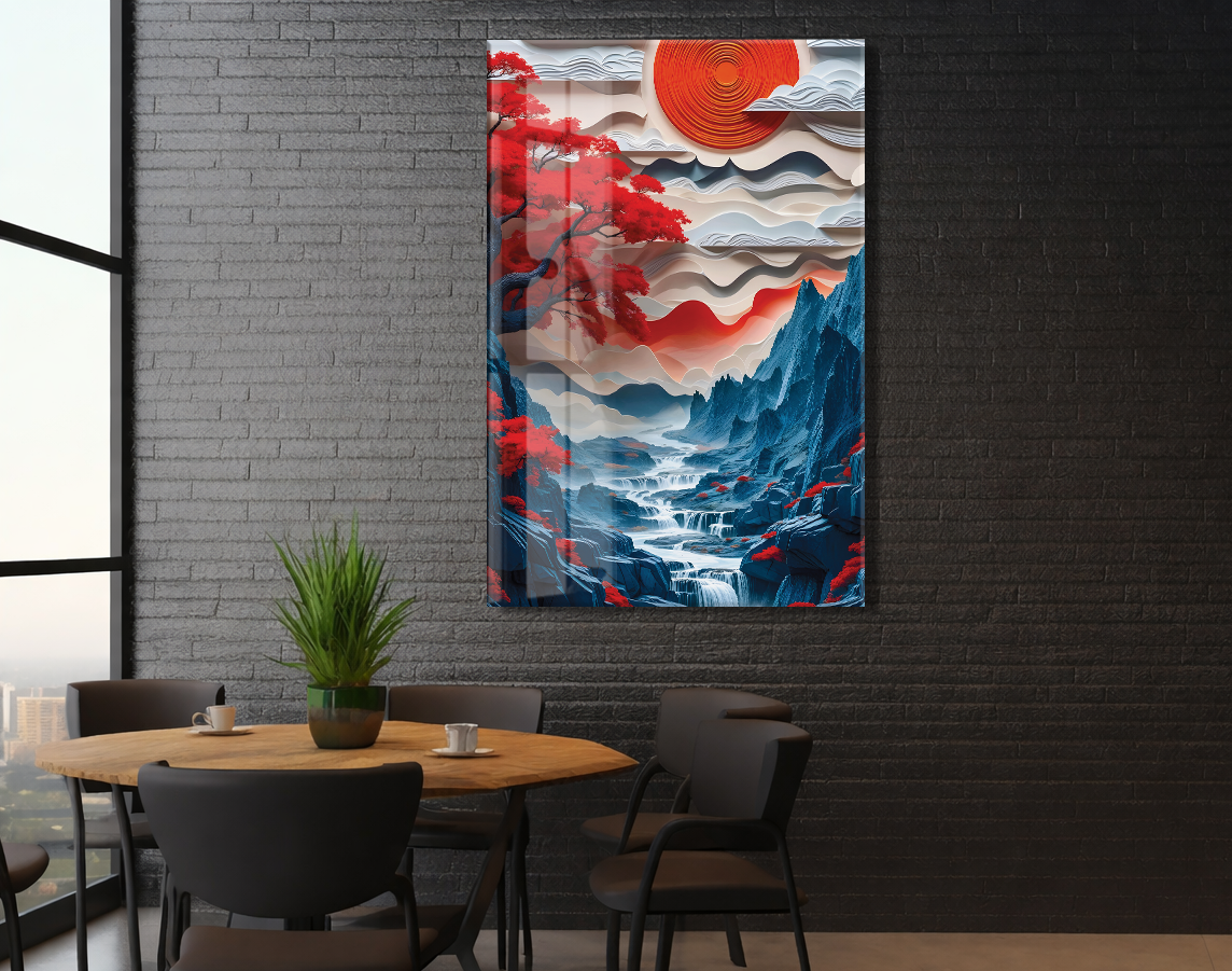 Modern Soyut Asya Manzarası Cam Tablo – Kızıl Güneş ve Dağ Temalı Sanatsal UV Baskılı Temperli Cam Duvar Tablosu - Peony009